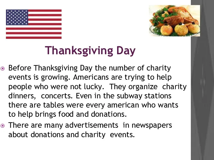 Thanksgiving Day Before Thanksgiving Day the number of charity events