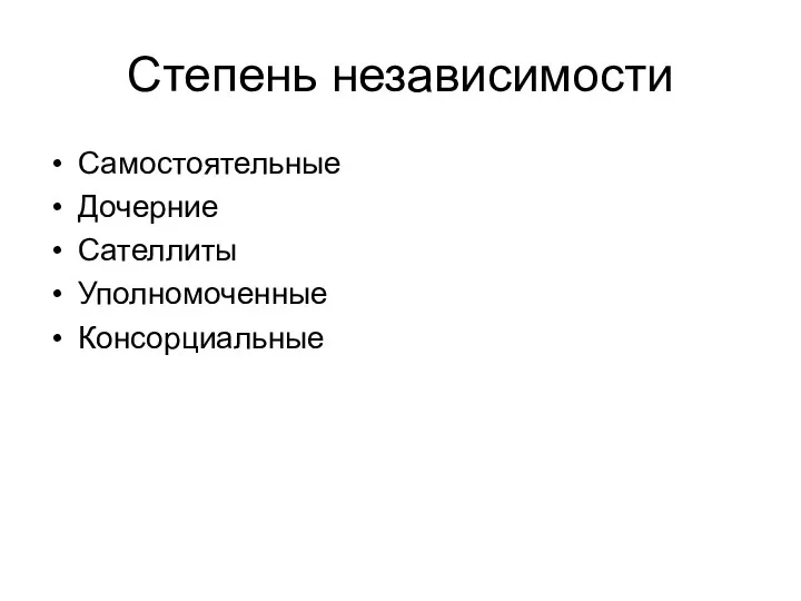 Степень независимости Самостоятельные Дочерние Сателлиты Уполномоченные Консорциальные