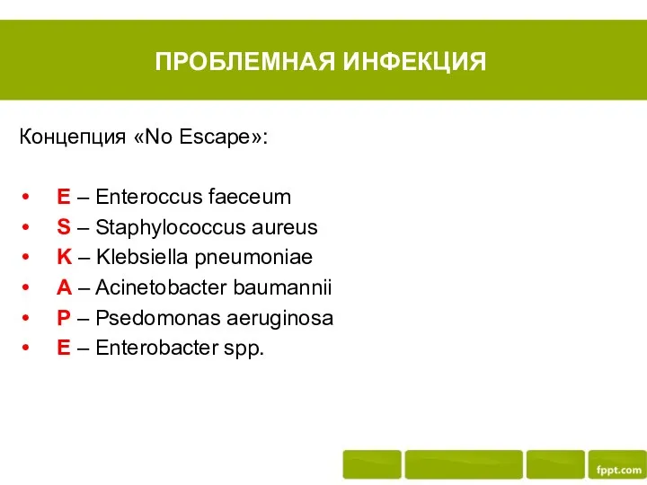 ПРОБЛЕМНАЯ ИНФЕКЦИЯ Концепция «No Escape»: E – Enteroccus faeceum S