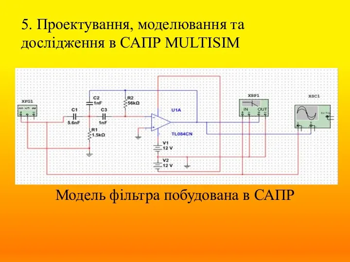 5. Проектування, моделювання та дослідження в САПР MULTISIM Модель фільтра побудована в САПР