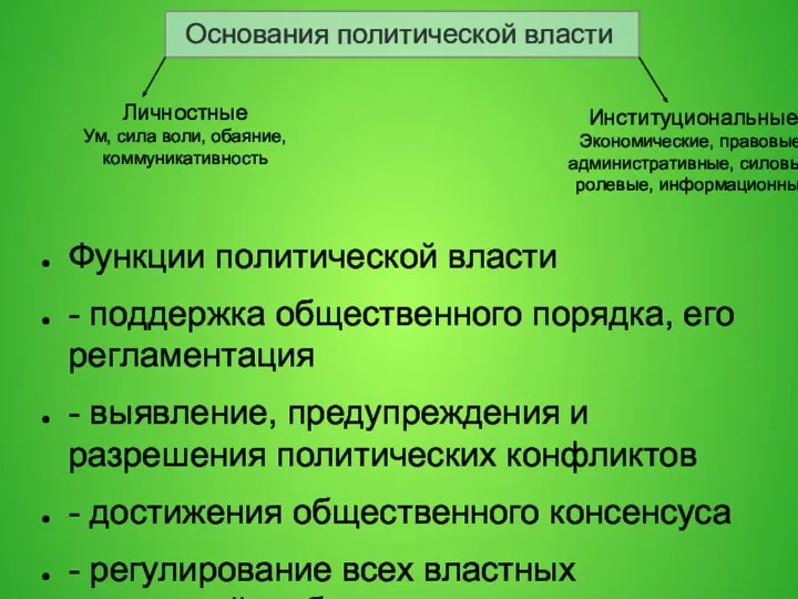 Основания политической власти Функции политической власти - поддержка общественного порядка,