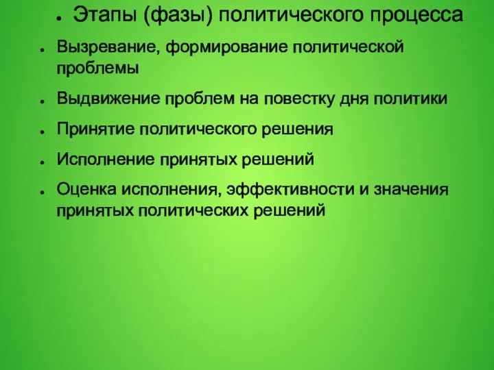 Этапы (фазы) политического процесса Вызревание, формирование политической проблемы Выдвижение проблем