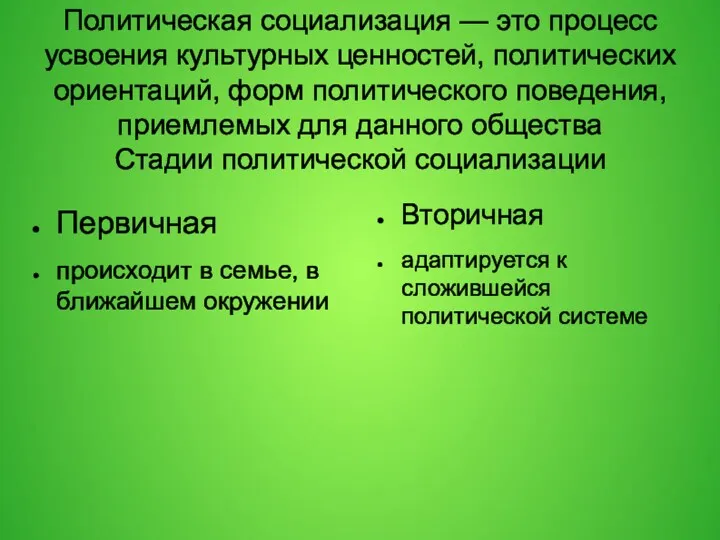 Политическая социализация — это процесс усвоения культурных ценностей, политических ориентаций,