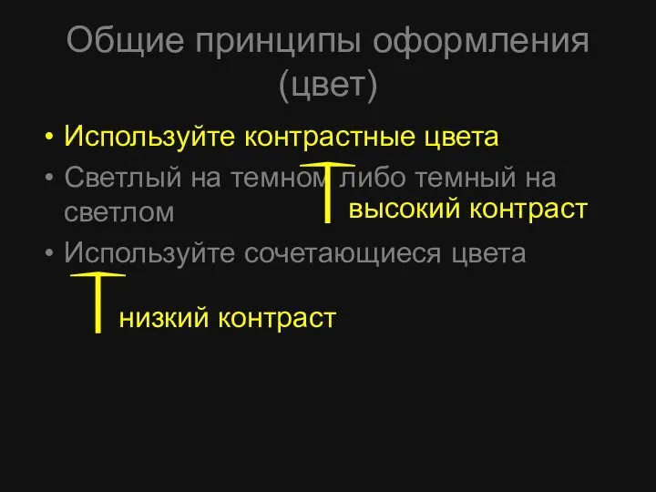 Общие принципы оформления (цвет) Используйте контрастные цвета Светлый на темном