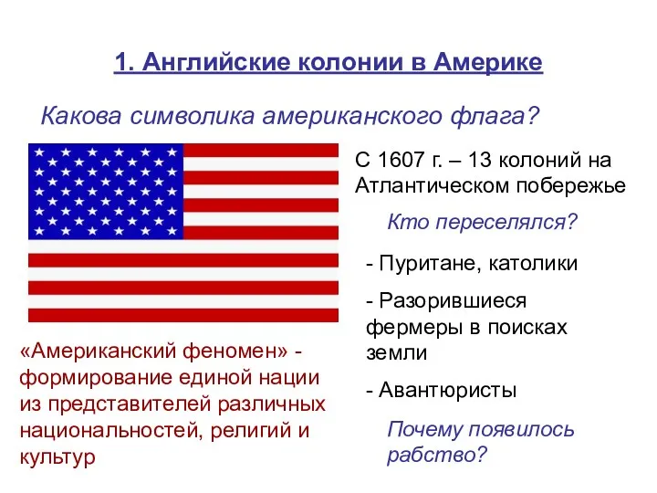 1. Английские колонии в Америке Какова символика американского флага? С