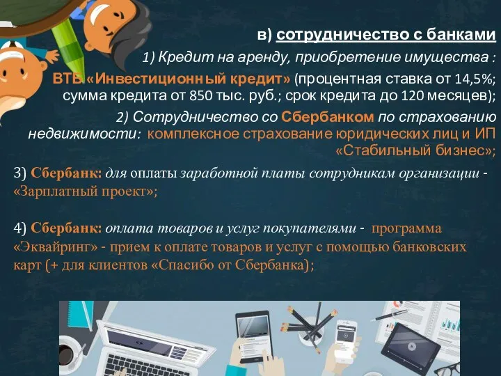 в) сотрудничество с банками 1) Кредит на аренду, приобретение имущества