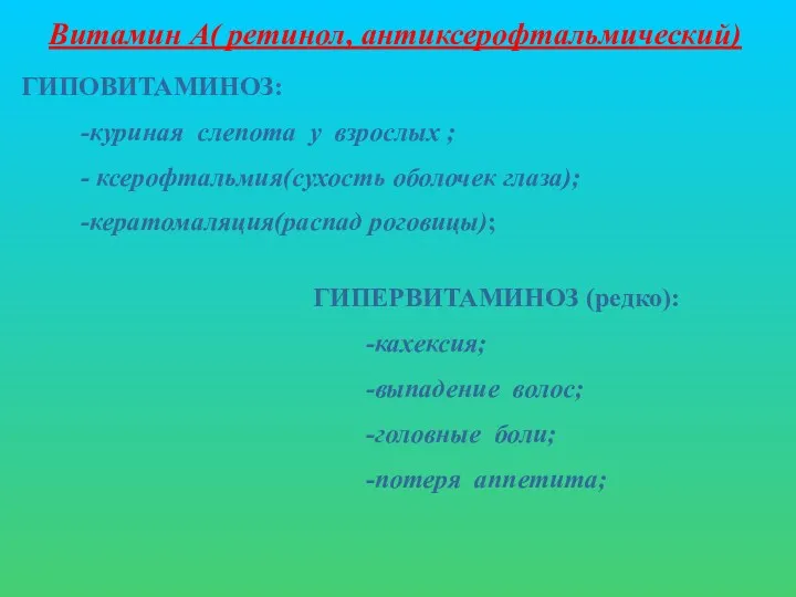 Витамин А( ретинол, антиксерофтальмический) ГИПОВИТАМИНОЗ: -куриная слепота у взрослых ;