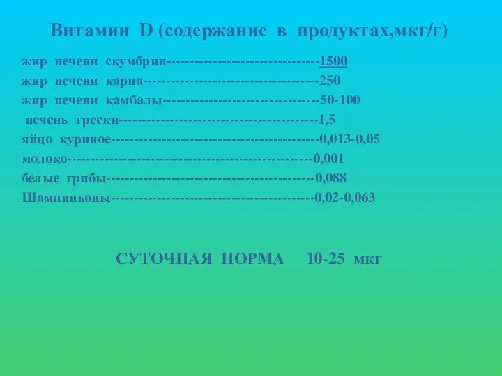 Витамин D (содержание в продуктах,мкг/г) жир печени скумбрии---------------------------------1500 жир печени