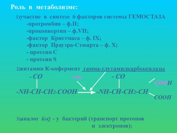 Роль в метаболизме: 1)участие в синтезе 6 факторов системы ГЕМОСТАЗА