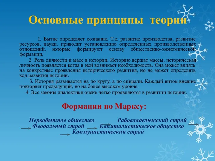 Основные принципы теории 1. Бытие определяет сознание. Т.е. развитие производства,