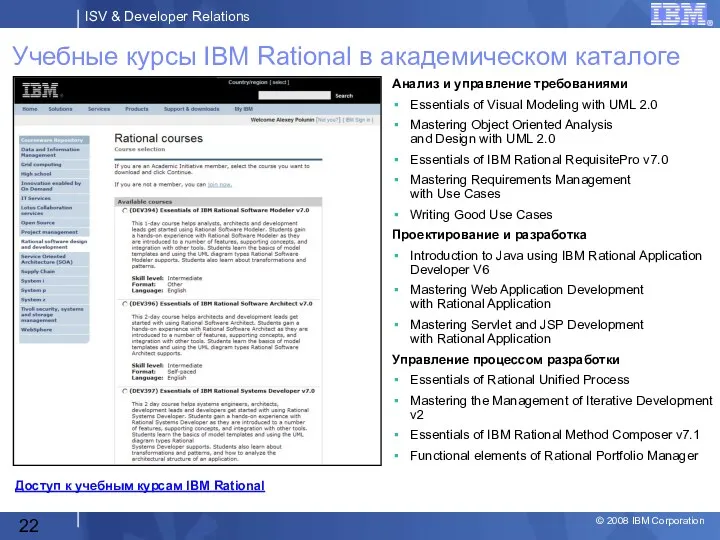 Учебные курсы IBM Rational в академическом каталоге Анализ и управление