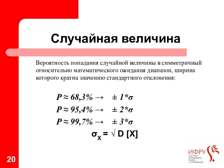 Случайная величина Вероятность попадания случайной величины в симметричный относительно математического