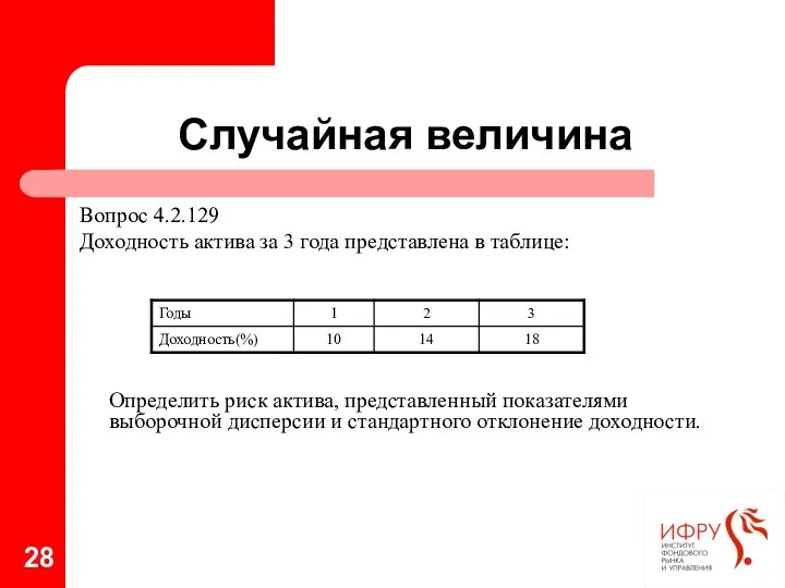 Случайная величина Вопрос 4.2.129 Доходность актива за 3 года представлена