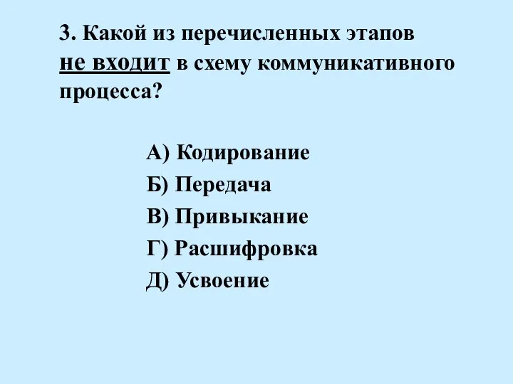 3. Какой из перечисленных этапов не входит в схему коммуникативного