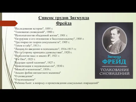 "Исследования истерии", 1895 г. "Толкование сновидений", 1900 г. "Психопатология обыденной