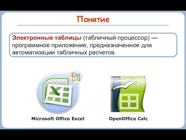 Понятие Электронные таблицы (табличный процессор) — программное приложение, предназначенное для