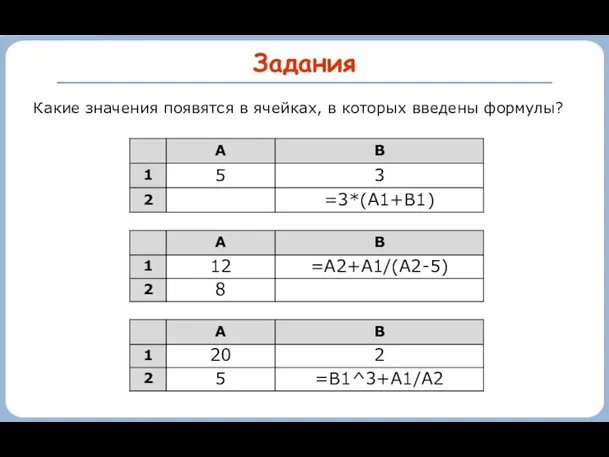 Задания Какие значения появятся в ячейках, в которых введены формулы?