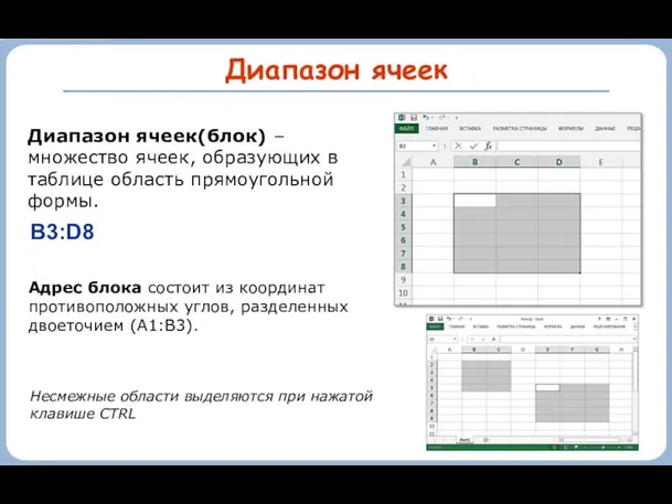 Диапазон ячеек Диапазон ячеек(блок) – множество ячеек, образующих в таблице