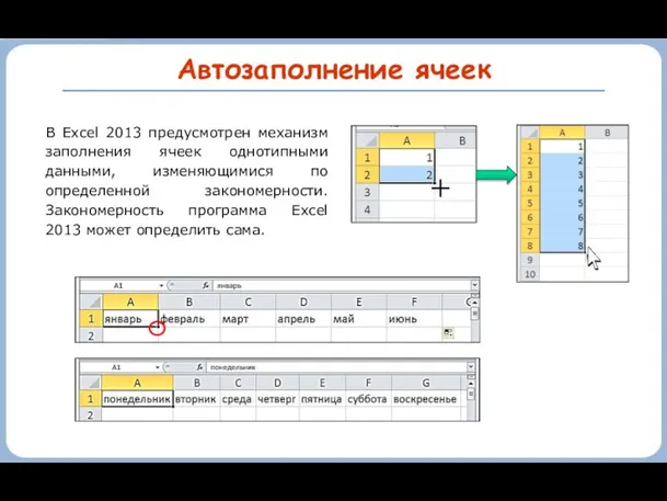 Автозаполнение ячеек В Excel 2013 предусмотрен механизм заполнения ячеек однотипными