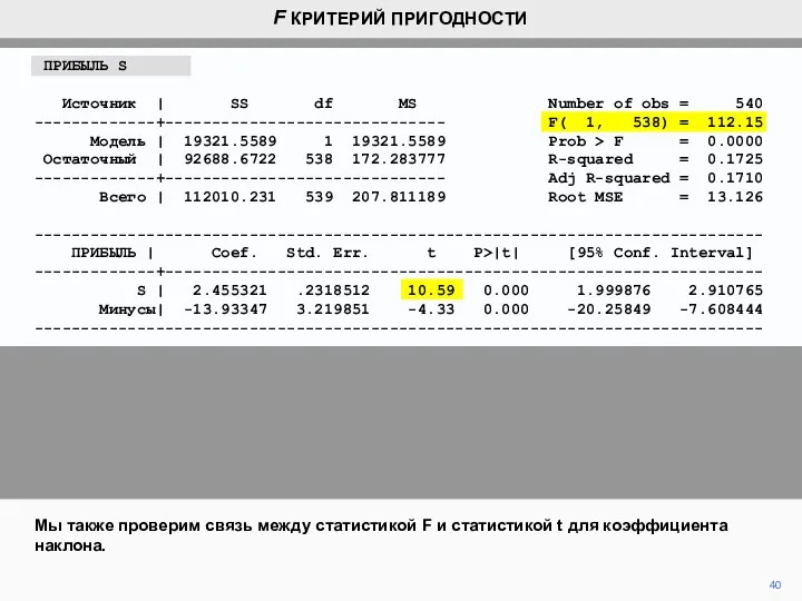 40 Мы также проверим связь между статистикой F и статистикой