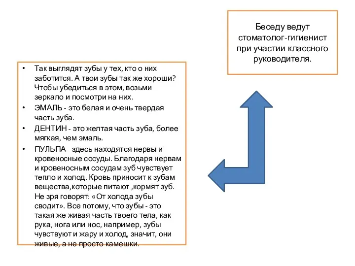 Беседу ведут стоматолог-гигиенист при участии классного руководителя. Так выглядят зубы у тех, кто