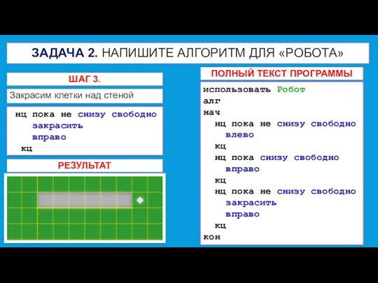 ЗАДАЧА 2. НАПИШИТЕ АЛГОРИТМ ДЛЯ «РОБОТА» Закрасим клетки над стеной