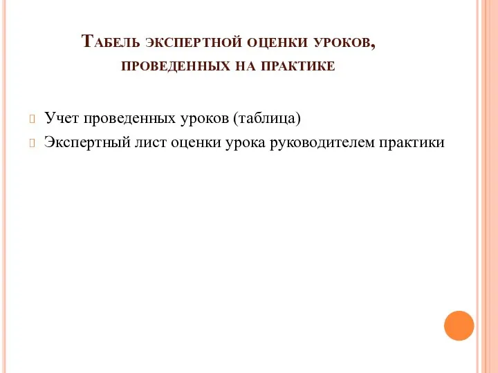 Табель экспертной оценки уроков, проведенных на практике Учет проведенных уроков