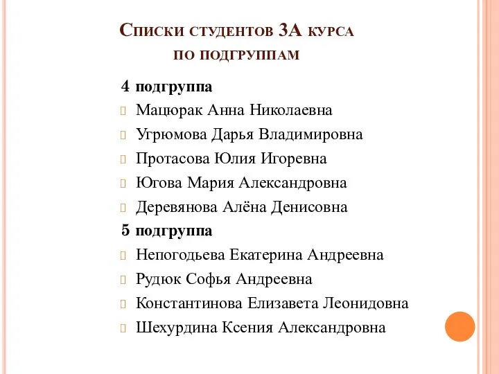 Списки студентов 3А курса по подгруппам 4 подгруппа Мацюрак Анна