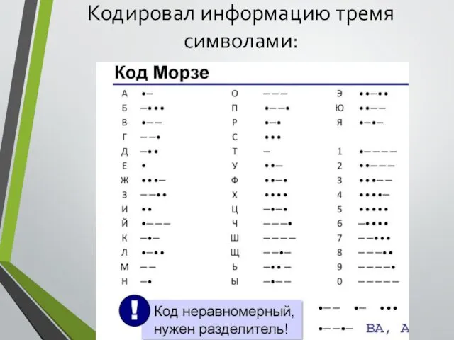 Кодировал информацию тремя символами: