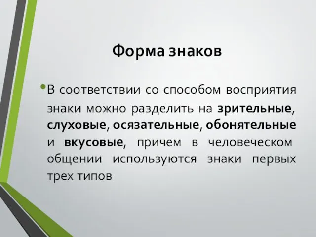 Форма знаков В соответствии со способом восприятия знаки можно разделить