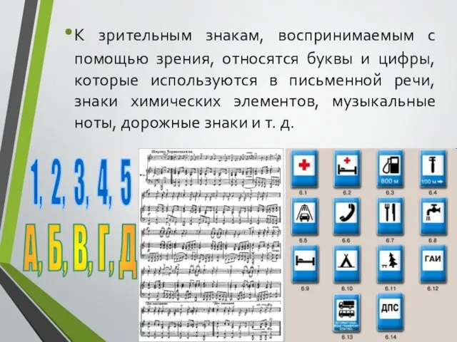 К зрительным знакам, воспринимаемым с помощью зрения, относятся буквы и