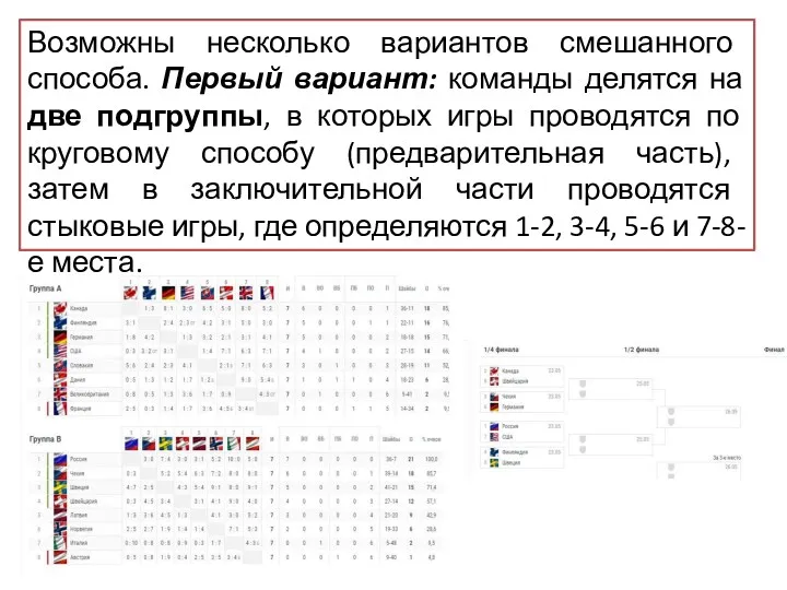 Возможны несколько вариантов смешанного способа. Первый вариант: команды делятся на