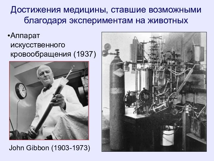 Аппарат искусственного кровообращения (1937) John Gibbon (1903-1973) Достижения медицины, ставшие возможными благодаря экспериментам на животных