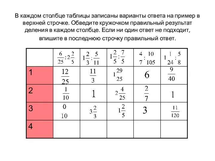 В каждом столбце таблицы записаны варианты ответа на пример в