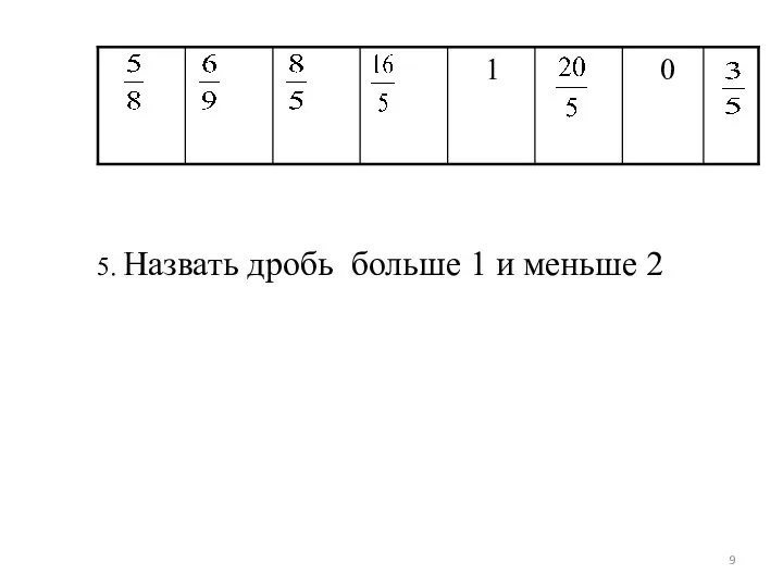 5. Назвать дробь больше 1 и меньше 2