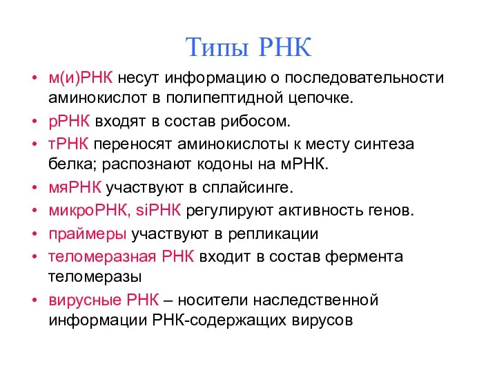 Типы РНК м(и)РНК несут информацию о последовательности аминокислот в полипептидной