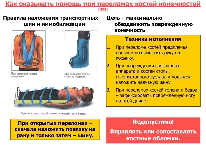 Как оказывать помощь при переломах костей конечностей (352) Правила наложения