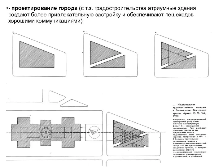 - проектирование города (с т.з. градостроительства атриумные здания создают более