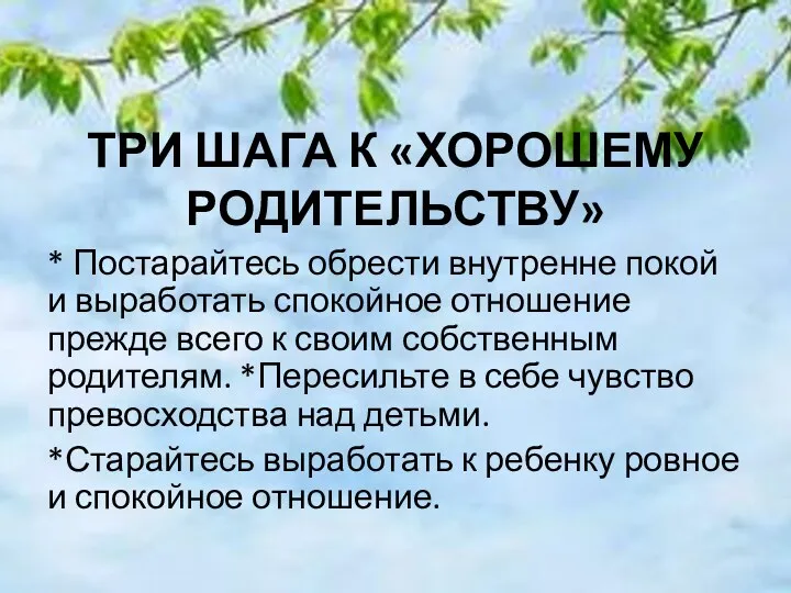 ТРИ ШАГА К «ХОРОШЕМУ РОДИТЕЛЬСТВУ» * Постарайтесь обрести внутренне покой