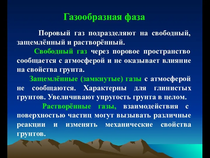 Газообразная фаза Поровый газ подразделяют на свободный, защемлённый и растворённый. Свободный газ через