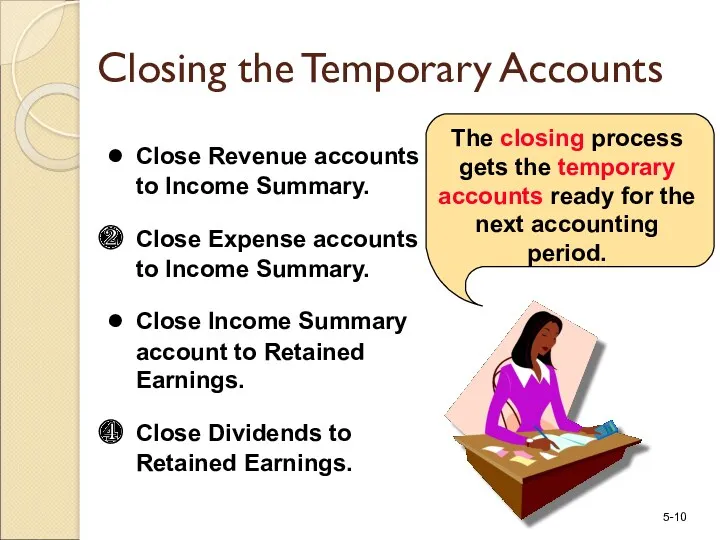 Closing the Temporary Accounts Close Revenue accounts to Income Summary.