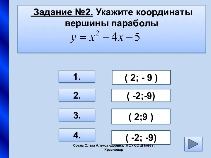 Задание №2. Укажите координаты вершины параболы 1. 2. 3. 4.