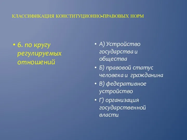 КЛАССИФИКАЦИЯ КОНСТИТУЦИОННО-ПРАВОВЫХ НОРМ А) Устройство государства и общества Б) правовой