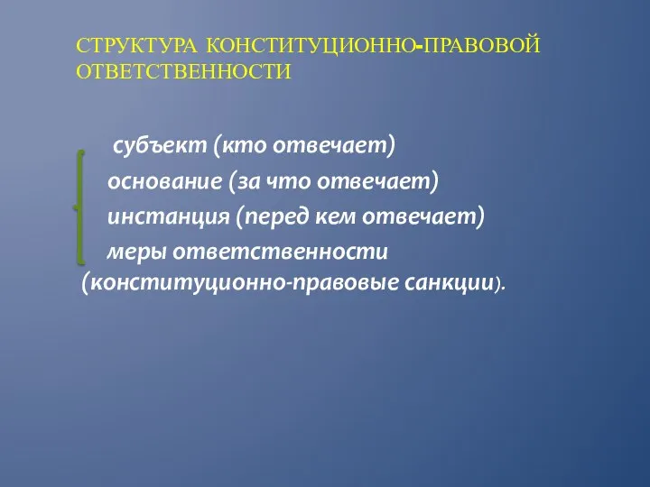 СТРУКТУРА КОНСТИТУЦИОННО-ПРАВОВОЙ ОТВЕТСТВЕННОСТИ субъект (кто отвечает) основание (за что отвечает)