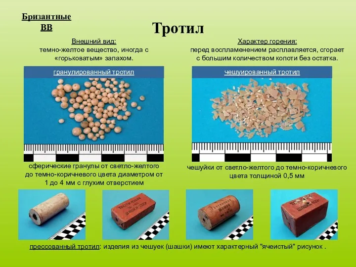 Бризантные ВВ Тротил Внешний вид: темно-желтое вещество, иногда с «горьковатым»