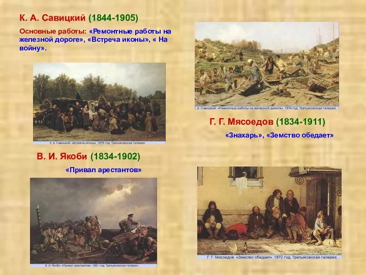 К. А. Савицкий (1844-1905) Основные работы: «Ремонтные работы на железной дороге», «Встреча иконы»,