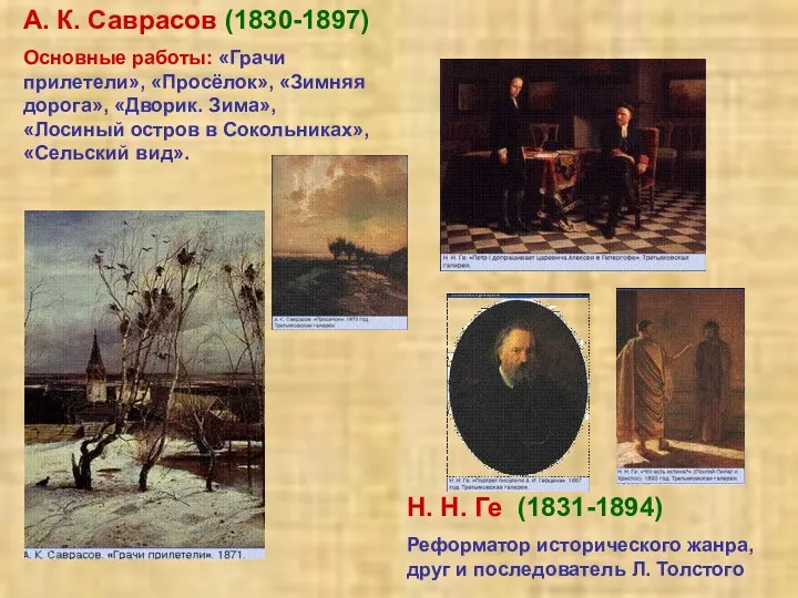 А. К. Саврасов (1830-1897) Основные работы: «Грачи прилетели», «Просёлок», «Зимняя дорога», «Дворик. Зима»,