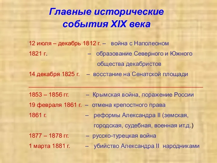 Главные исторические события XIX века 12 июля – декабрь 1812 г. – война