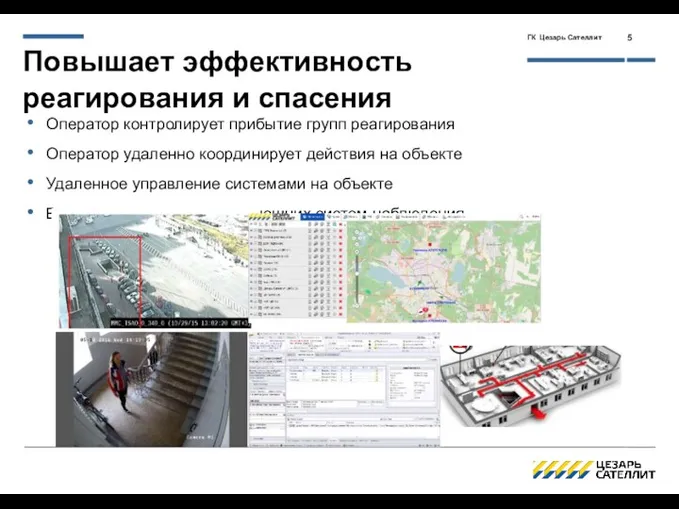 Повышает эффективность реагирования и спасения Оператор контролирует прибытие групп реагирования