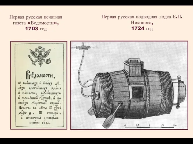 Первая русская печатная газета «Ведомости», 1703 год Первая русская подводная лодка Е.П. Никонова, 1724 год